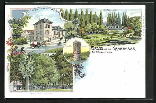 Lithographie Hürth-Knapsack, Restaurant z. Kranzmaar, Schützenplatz, Wasserturm