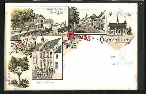 Lithographie Cranenburg, Hotel zur Post, Bahnhof-Restaurant Gerh. Boll, Storchennest, Bahnhof