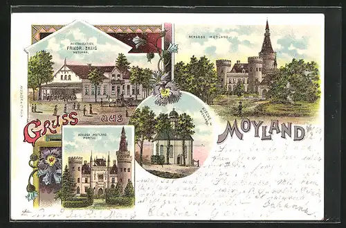 Lithographie Bedburg-Hau, Restaurant Friedr. Zillig, Schloss Moyland, Kirche