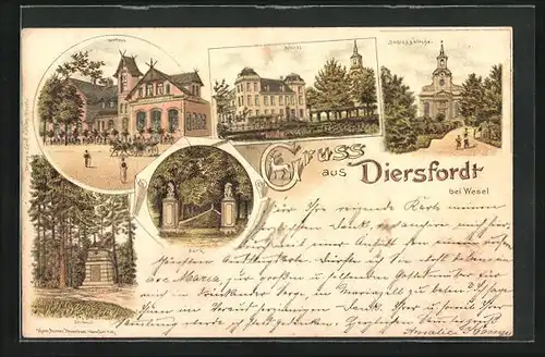 Lithographie Diersfordt bei Wesel, Gasthaus Diersfordt, Schloss, Denkmal, Schlosskirche