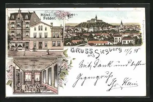 Lithographie Siegburg, Hotel Felder, Ortsansicht