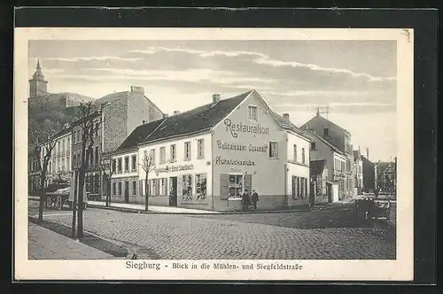 AK Siegburg, Restaurant Emil Seelbach, Ecke Mühlen- und Siegfeldstrasse