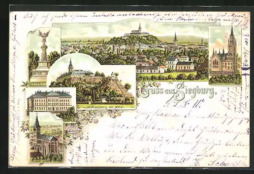 Lithographie Siegburg, Lehrer-Seminar, Kriegerdenkmal, Kath. Kirche