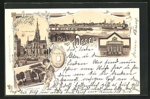 Lithographie Wesel, Grosser Markt, Panorama, Berliner Tor