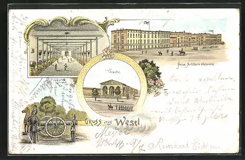 Lithographie Wesel, Neue Artillerie-Kaserne, Stallung, Wache