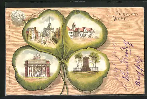 Passepartout-Lithographie Wesel, Postgebäude, Grosser Markt mit Rathaus, Kleeblatt