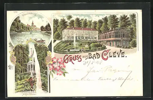 Lithographie Bad Cleve, Hotel Robbers, Schwanenburg, Amphitheater