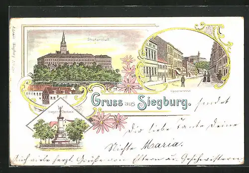 Lithographie Siegburg, Strafanstalt, Kaiserstrasse, Krieger-Denkmal