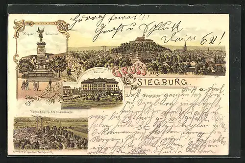 Lithographie Siegburg, Rolffs & Comp. Etablissement, Krieger-Denkmal, Seminar