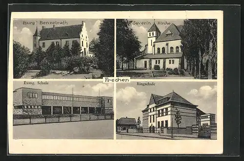 AK Frechen, Burg Benzelrath, Evang. Schule, Severin Kirche