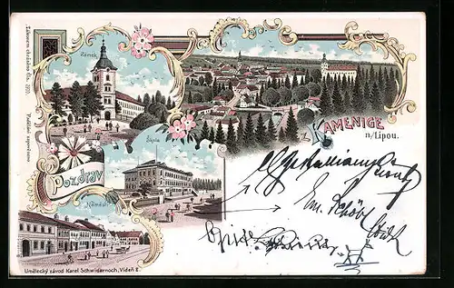 Lithographie Kamenice n. L., Zámek, Námestí, Skola