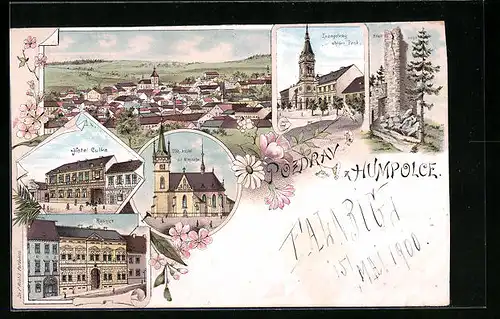 Lithographie Humpolec, Evangelicky chrám pané, Hotel Culka, Radnice