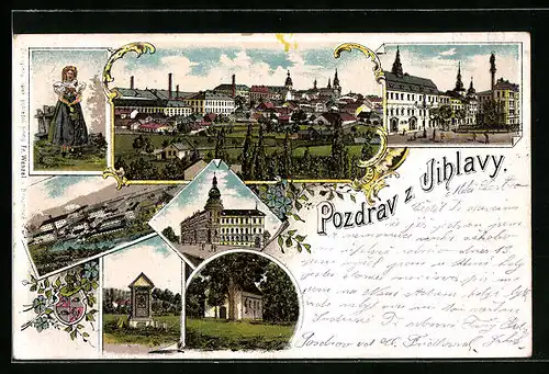 Lithographie Jihlava, Gebäudeansicht, Denkmal, Frau in Tracht