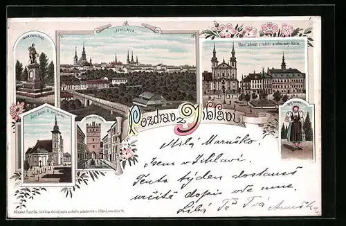 Lithographie Jihlava, Farni kostel u sv. Jacuba, Pomnik cisare Josefa, Kroj narodni