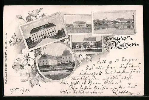 AK Mysliborice, Gebäudeansicht, Uferpartie, Ortspartie