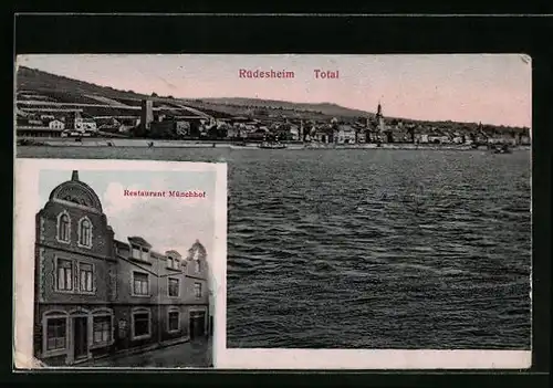 AK Rüdesheim, Totalansicht und Restaurant Münchhof