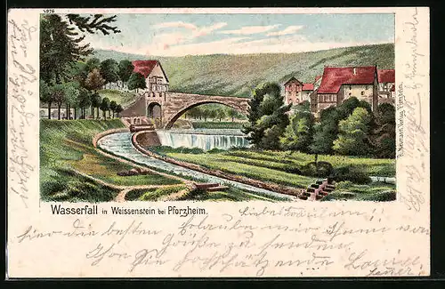 Lithographie Weissenstein bei Pforzheim, Wasserfall im Dorfe