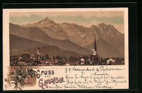 Lithographie Garmisch, Panorama mit Kirchen und Bergkette
