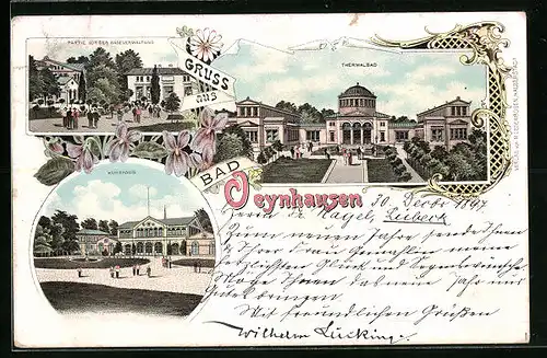 Lithographie Bad Oeynhausen, Kurhaus, Thermalbad, Partie vor der Badverwaltung