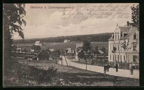 AK Steinbach b. Johanngeorgenstadt, Pfad ins Dorf mit Männern des Ortes