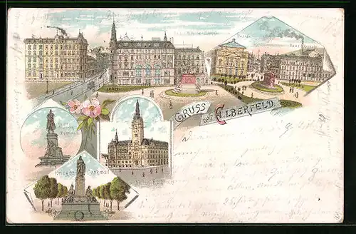 Lithographie Elberfeld, Kaiser-Denkmal, Kaiser Friedrich-Denkmal, Theater, Bade-Anstalt