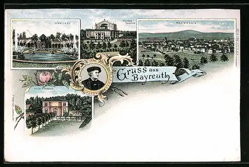 Lithographie Bayreuth, Wagner-Theater, Villa Wanfried, Eremitage, Panorama