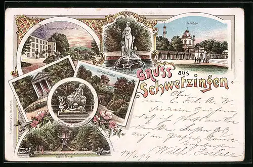 Lithographie Schwetzingen, Apollo-Tempel, Móschee, Minerva-Tempel