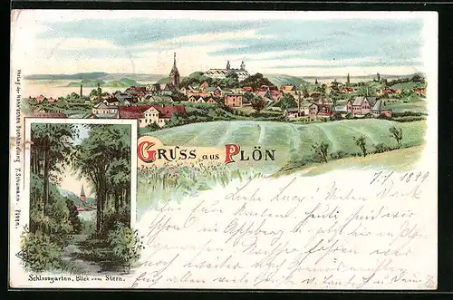 Lithographie Plön, Schlossgarten, Blick vom Stern, Panorama