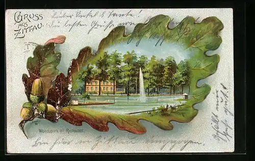 Passepartout-Lithographie Zittau, Weinaupark mit Restaurant im Eichenblatt
