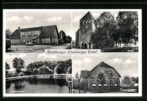 AK Kirchboitzen /Lüneburger Heide, Gasthaus Fa. Asshorn, Kirche, Schwimmbad