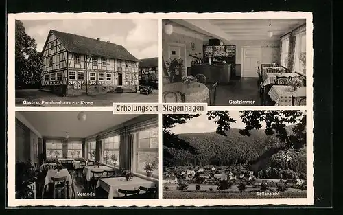 AK Ziegenhagen, Gasthaus zur Krone, Innenansichten Veranda & Gastzimmer