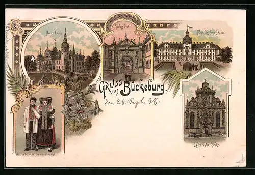 Lithographie Bückeburg, Neues Palais, Schloss-Portal, Lutherische Kirche