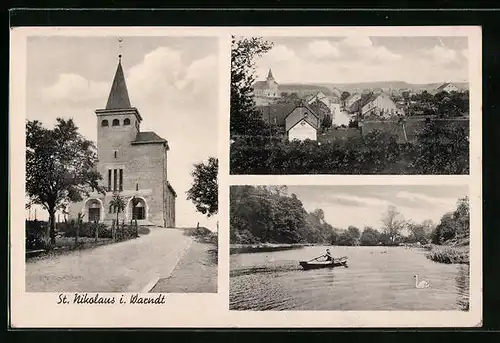 AK St. Nikolaus i. Warndt, Teilansicht mit Strassenpartie, Kirche, Uferpartie und Boot