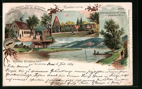 Lithographie Grimma, Kloster Nimbschen, Gasthaus Gartenlaube, Luther-Eiche und Fährhaus Höfgen, Klosterruine