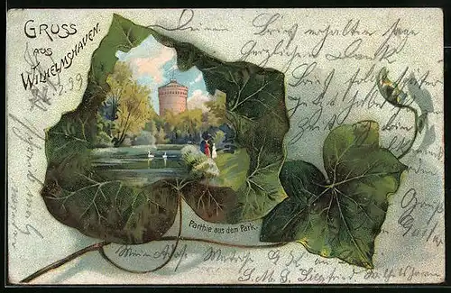 Passepartout-Lithographie Wilhelmshaven, Partie aus dem Park im Weinblatt