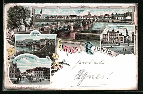 Lithographie Rinteln, Weserstrasse mit Hôtel Stadt Bremen, Gymnasium u. Reformkirche, Siegesdenkmal
