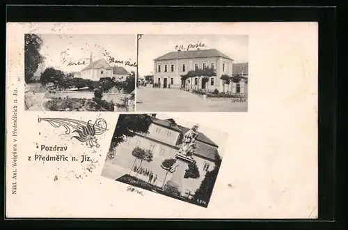 AK Predmerice nad Jiz, Gebäudeansicht, Denkmal, Ortspartie