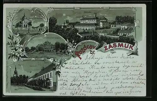 Mondschein-Lithographie Zasmuky, Kostel Chvatlinsky, Zamek Becvarecy, Kostel, Dekanstvi & skola