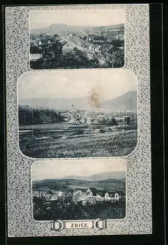 AK Zdice, Strassenpartie aus der Vogelschau, Ortsansicht