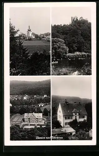 AK Zlenice nad Sázavou, Gebäude aus der Vogelschau, Kirche