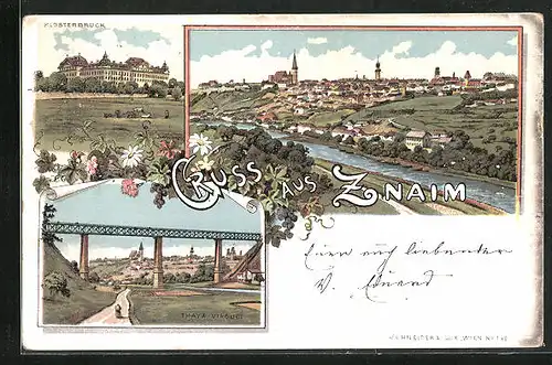 Lithographie Znaim, Thaya Viaduct, Klosterbruck, Panorama