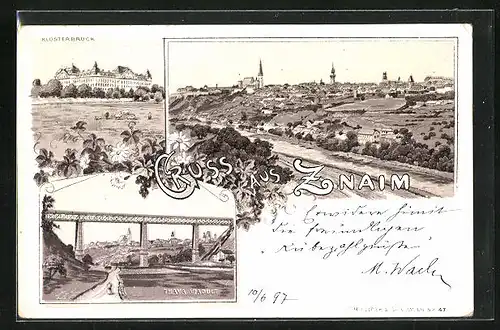 Lithographie Znaim, Klosterbruck, Thaya Viaduct, Panorama