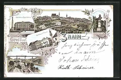 Lithographie Znaim, Sealsfield-Denkmal, Realschule, Panorama