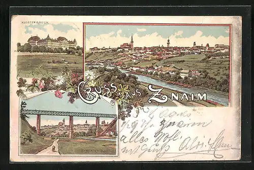 Lithographie Znaim, Klosterbruck, Thaya Viaduct, Panorama