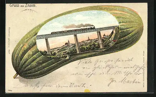 Lithographie Znaim, Eisenbahn auf Viaduct, Gurke