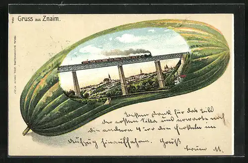 Passepartout-Lithographie Znaim, Viadukt gegen Kirche, Gurke