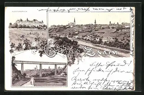 Lithographie Znaim, Klosterbruck, Thaya Viaduct, Panorama