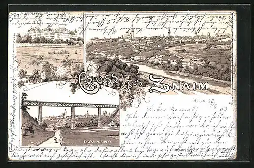 Lithographie Znaim, Klosterbruck, Thaya Viaduct, Panorama