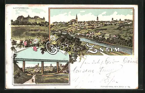 Lithographie Znaim, Klosterbruck, Thaya Viaduct, Totalansicht
