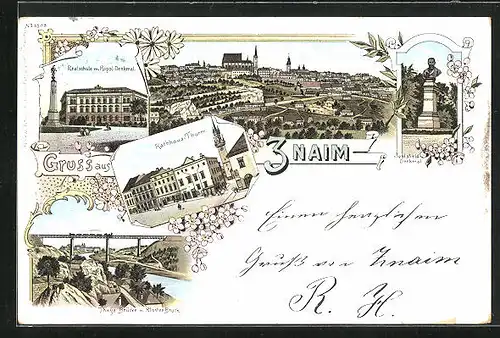 Lithographie Znaim, Sealsfield-Denkmal, Realschule, Panorama